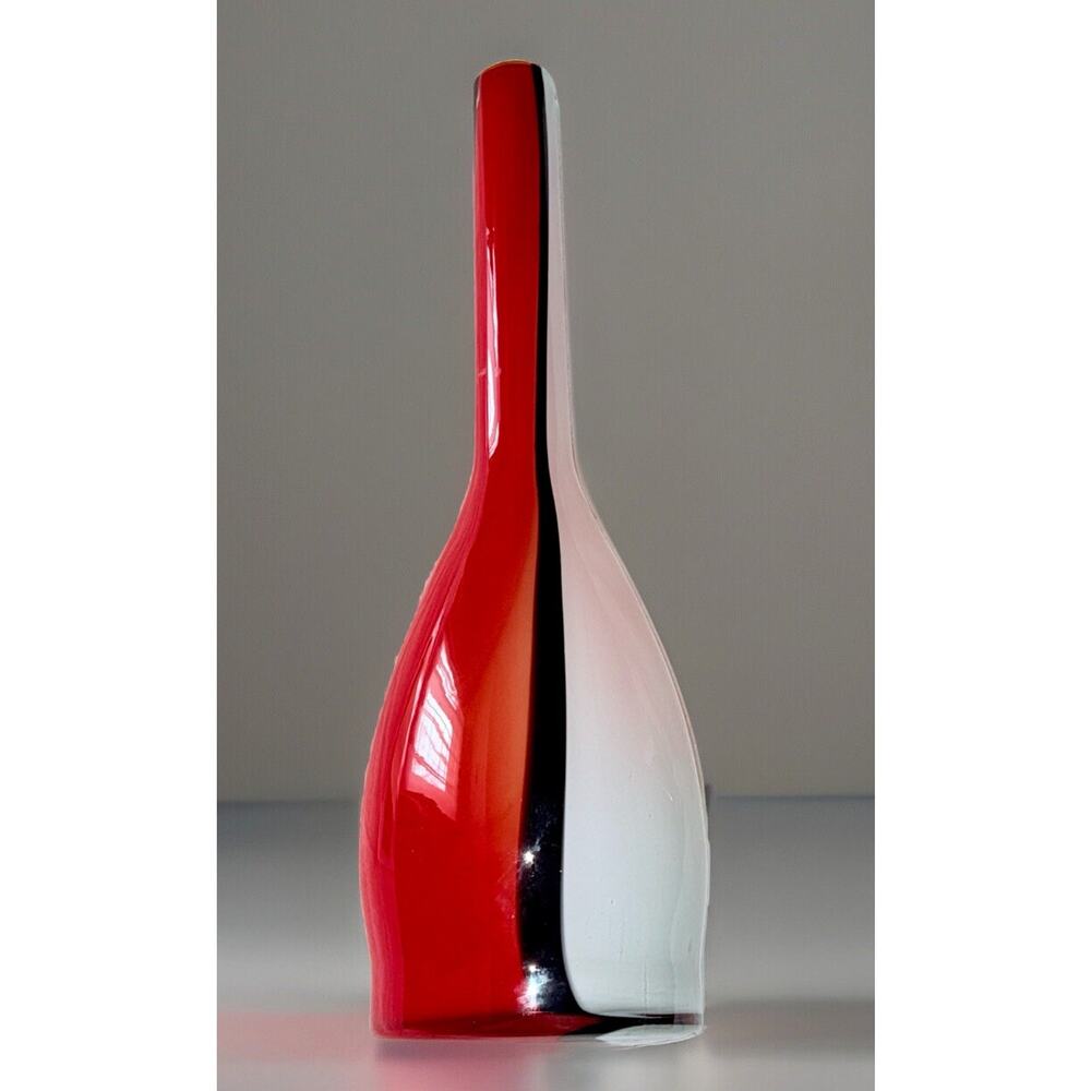 Vase Murano Style Cased Art Glass Long Neck White Red Orange Black Vtg MCM